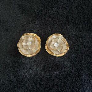 Vintage Lacombe 1988 Signed Clip Earrings - Gold Tone Floral Statement